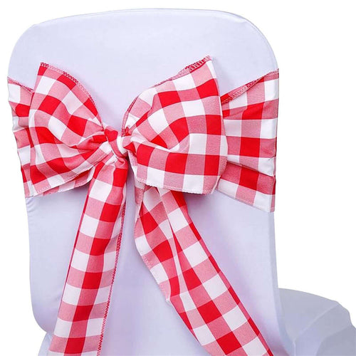 Red and white checkered chair sash bow for event decoration