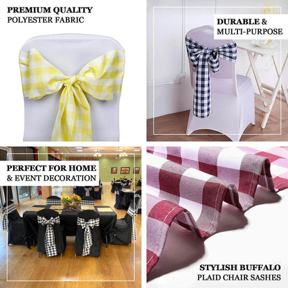 Buffalo plaid chair sashes in yellow and red on white chairs for event decoration.