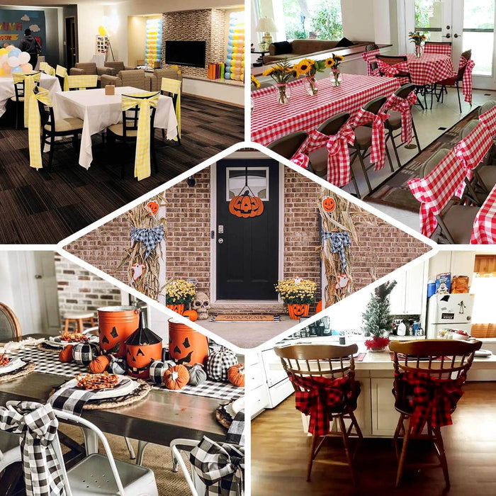Halloween-themed decor and dining setups with checkered tablecloths and pumpkins.