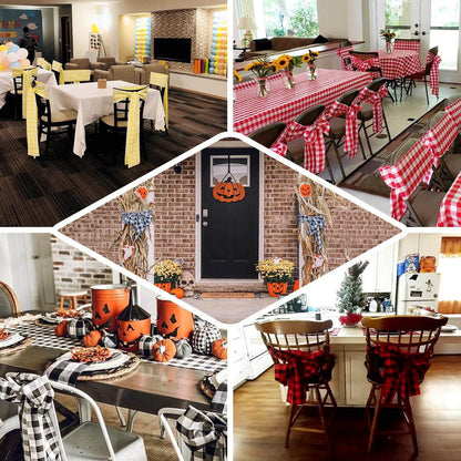 Halloween-themed decor and dining setups with checkered tablecloths and pumpkins.