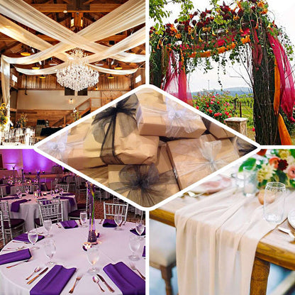 Elegant wedding decor with floral arrangements and table settings in a rustic venue.