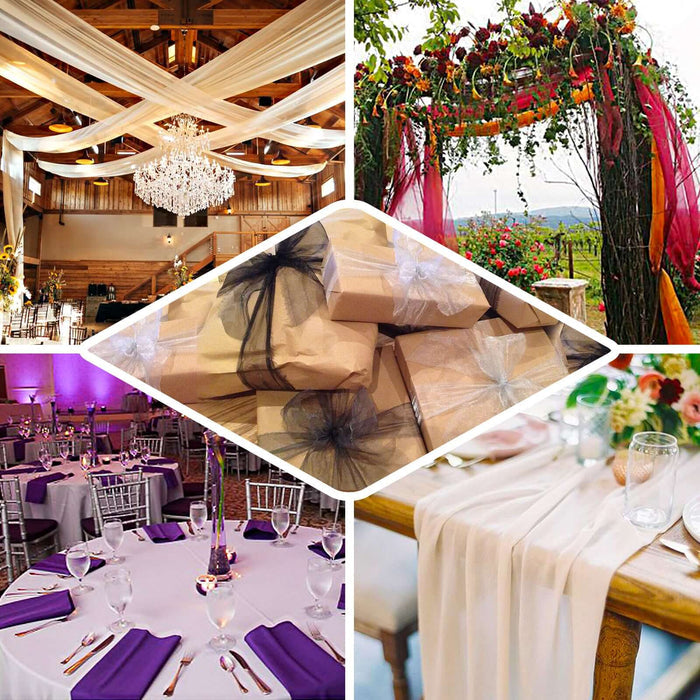 Elegant wedding decor with tables, floral arrangements, and gift packages.