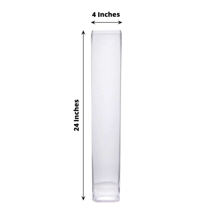 Tall rectangular glass vase, 24 inches high and 4 inches wide.