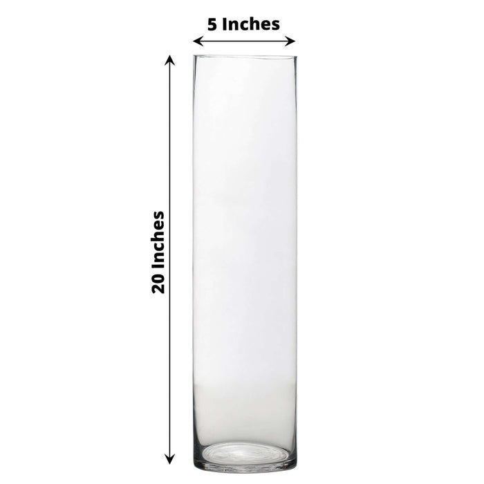 Tall clear glass vase, 5 inches wide and 20 inches high.