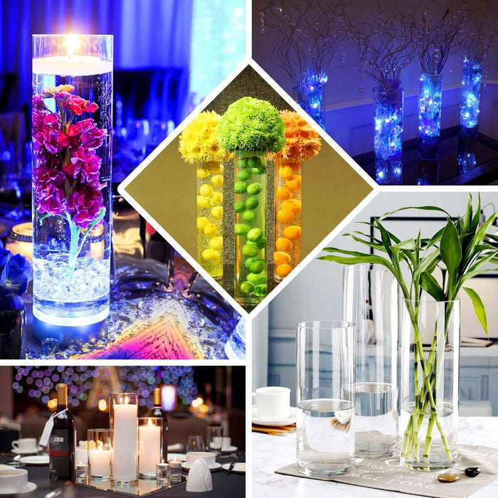 A collection of decorative vases with flowers and LED lights in various settings.