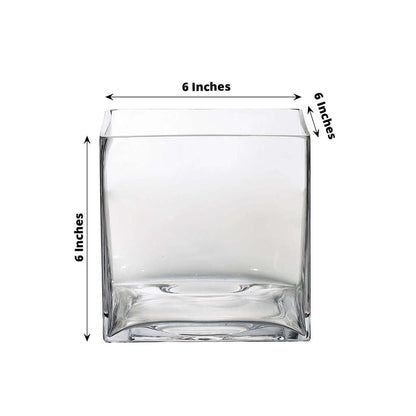 Clear glass square vase, 6 inches x 6 inches.