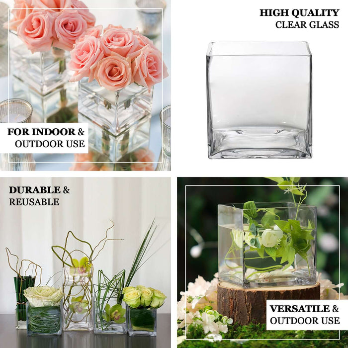 Clear glass vase for indoor and outdoor use, durable and reusable.
