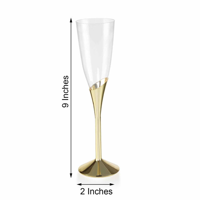 Elegant clear champagne flute with gold base, 9 inches tall and 2 inches wide.
