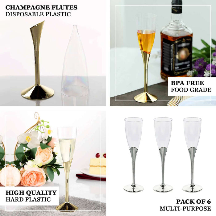 Champagne flutes in gold and clear plastic, pack of 6, BPA-free, food grade.