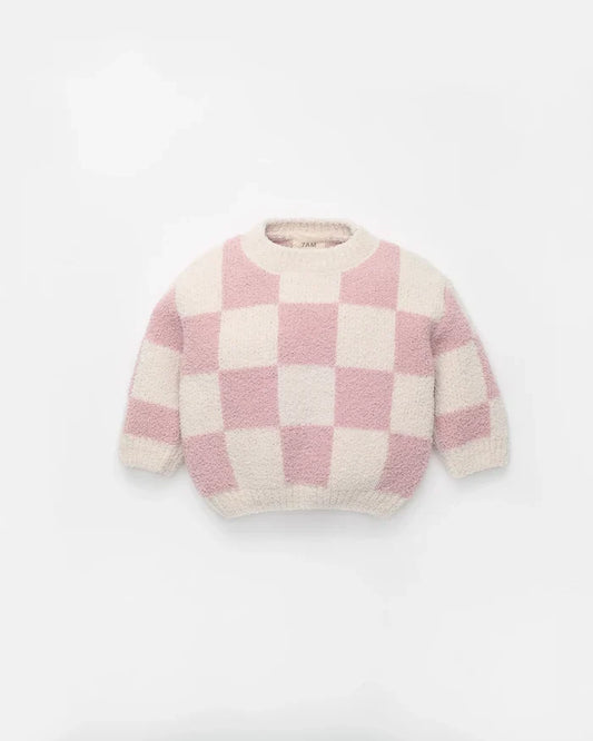 7AM Enfant Boxy Fuzzy Sweater in Ash Rose Checkers