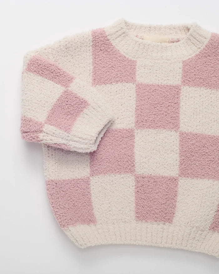 7AM Enfant Boxy Fuzzy Sweater in Ash Rose Checkers