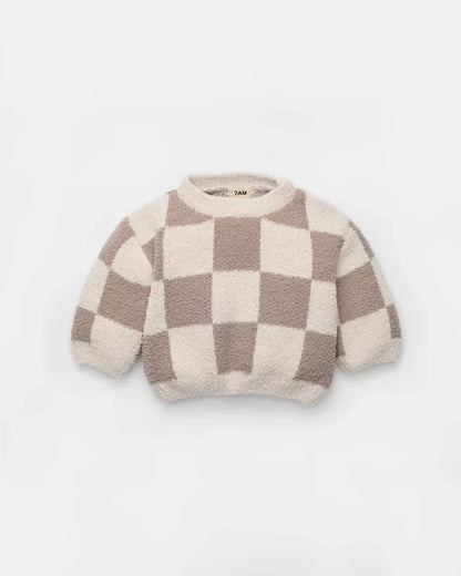 7AM Enfant Boxy Fuzzy Sweater in Ecru Checkers