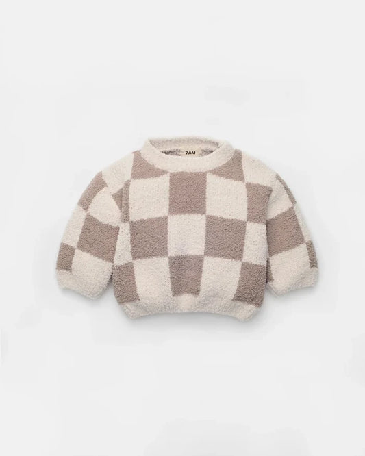 7AM Enfant Boxy Fuzzy Sweater in Ecru Checkers