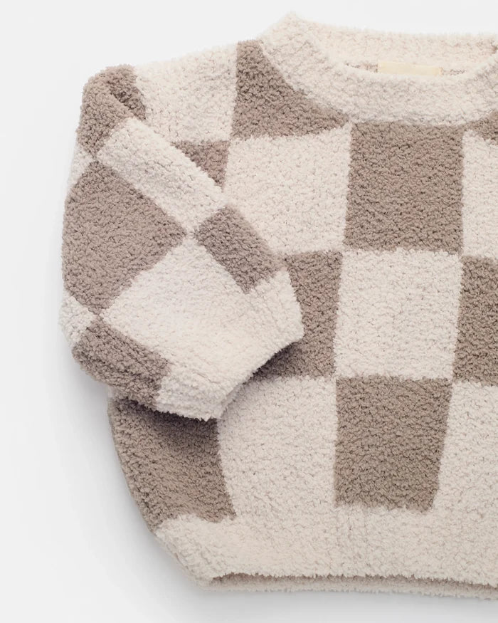 7AM Enfant Boxy Fuzzy Sweater in Ecru Checkers
