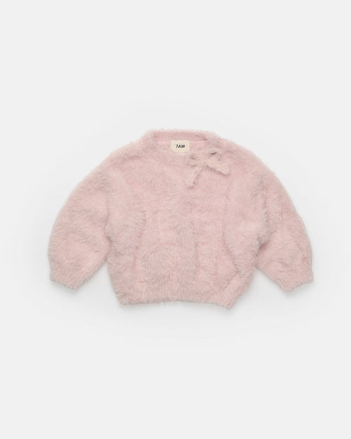 7AM Enfant Boxy Fuzzy Sweater with Bow in Powder Pink
