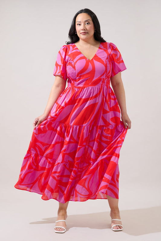Alexis Poplin Tiered Midi Dress Abstract Curve