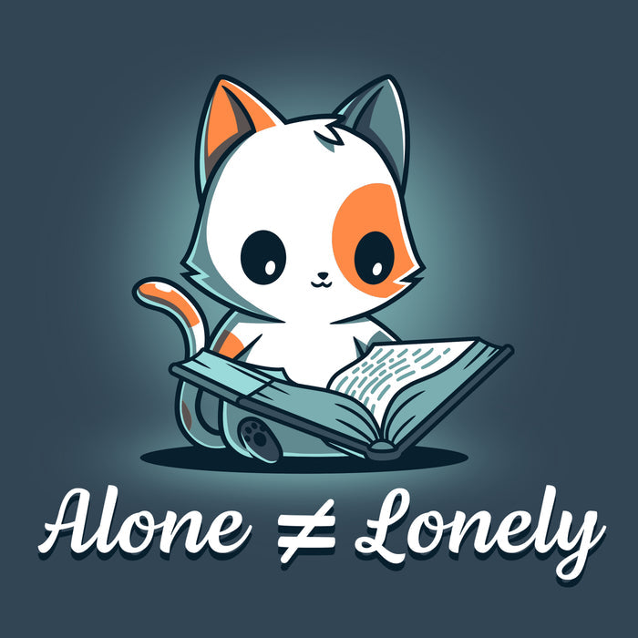 Premium Cotton T-shirt_TeeTurtle denim blue Alone Not Lonely apparel featuring calico cat smiling reading a book. Caption says, "alone ≠ lonely".
