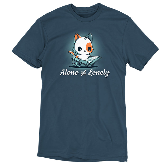 Premium Cotton T-shirt_TeeTurtle denim blue Alone Not Lonely apparel featuring calico cat smiling reading a book. Caption says, "alone ≠ lonely".