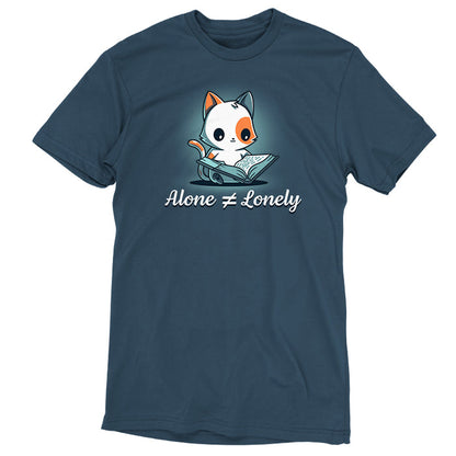 Premium Cotton T-shirt_TeeTurtle denim blue Alone Not Lonely apparel featuring calico cat smiling reading a book. Caption says, "alone ≠ lonely".
