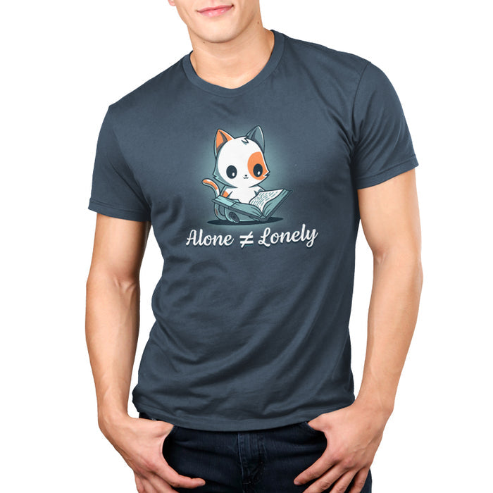 Premium Cotton T-shirt_TeeTurtle denim blue Alone Not Lonely apparel featuring calico cat smiling reading a book. Caption says, "alone ≠ lonely".