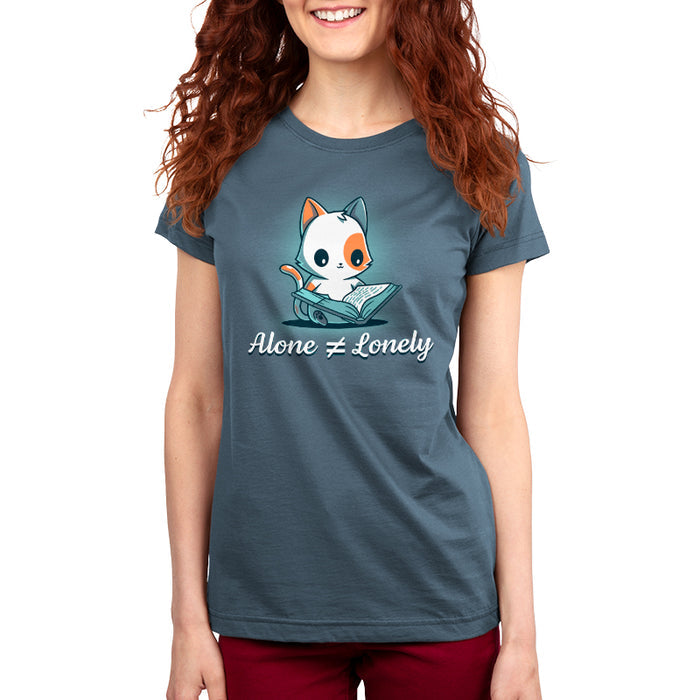 Premium Cotton T-shirt_TeeTurtle denim blue Alone Not Lonely apparel featuring calico cat smiling reading a book. Caption says, "alone ≠ lonely".