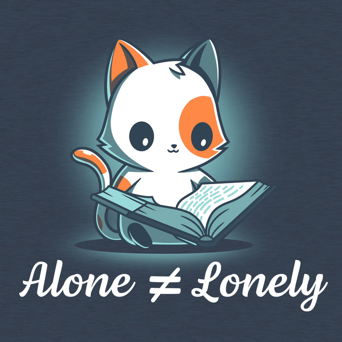 Classic Cotton T-shirt_TeeTurtle heather navy Alone Not Lonely apparel featuring calico cat smiling reading a book. Caption says, "alone ≠ lonely".