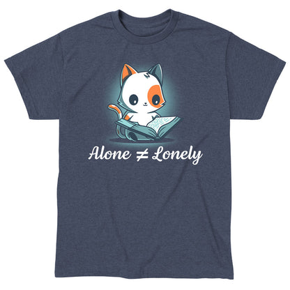Classic Cotton T-shirt_TeeTurtle heather navy Alone Not Lonely apparel featuring calico cat smiling reading a book. Caption says, "alone ≠ lonely".