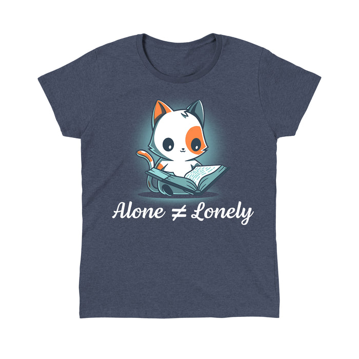 Classic Cotton T-shirt_TeeTurtle heather navy Alone Not Lonely apparel featuring calico cat smiling reading a book. Caption says, "alone ≠ lonely".