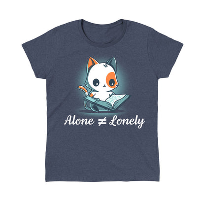 Classic Cotton T-shirt_TeeTurtle heather navy Alone Not Lonely apparel featuring calico cat smiling reading a book. Caption says, "alone ≠ lonely".