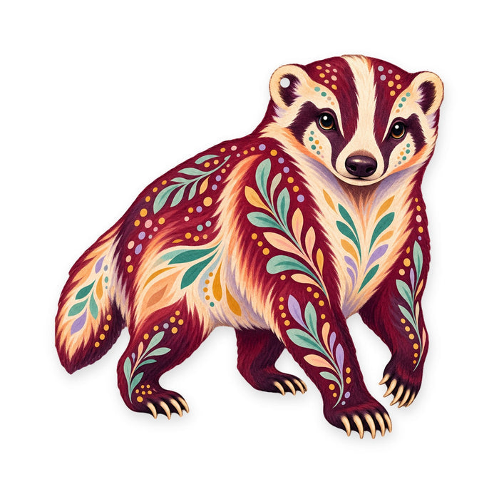 American Badger folk art ornament O262 on white, laser-cut maple wood, made in USA
