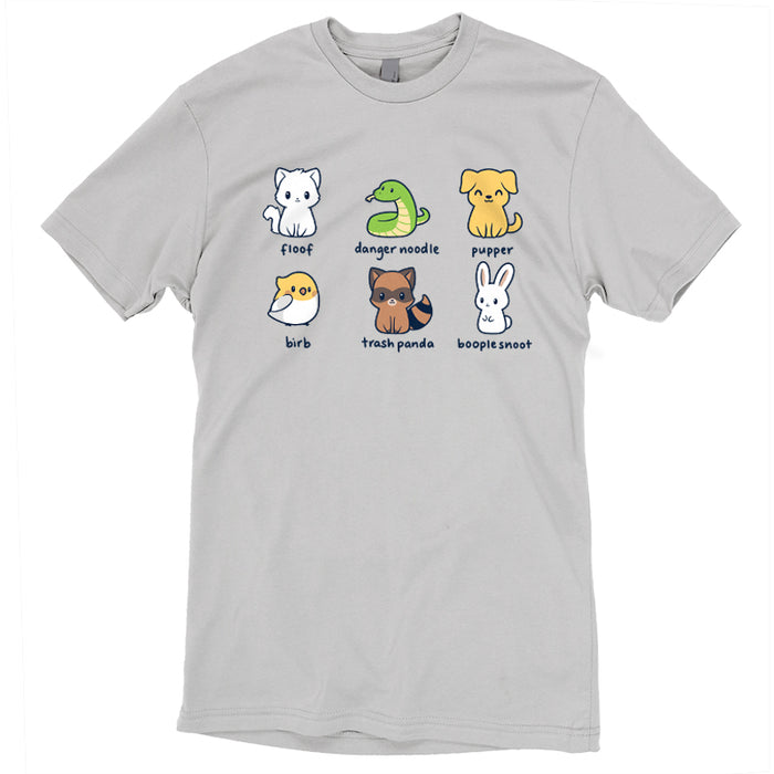 Premium Cotton T-shirt_TeeTurtle silver gray Animal Names featuring an illustrationof six quirky animals labeled with playful names: floof (cat), danger noodle (snake), pupper (dog), birb (bird), trash panda (raccoon), and booplesnoot (rabbit).