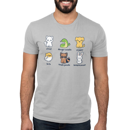 Premium Cotton T-shirt_TeeTurtle silver gray Animal Names featuring an illustrationof six quirky animals labeled with playful names: floof (cat), danger noodle (snake), pupper (dog), birb (bird), trash panda (raccoon), and booplesnoot (rabbit).