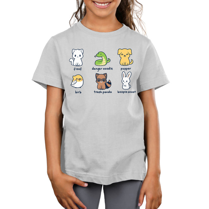 Premium Cotton T-shirt_TeeTurtle silver gray Animal Names featuring an illustrationof six quirky animals labeled with playful names: floof (cat), danger noodle (snake), pupper (dog), birb (bird), trash panda (raccoon), and booplesnoot (rabbit).