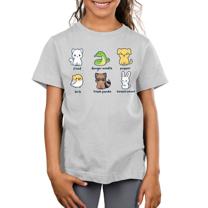 Premium Cotton T-shirt_TeeTurtle silver gray Animal Names featuring an illustrationof six quirky animals labeled with playful names: floof (cat), danger noodle (snake), pupper (dog), birb (bird), trash panda (raccoon), and booplesnoot (rabbit).