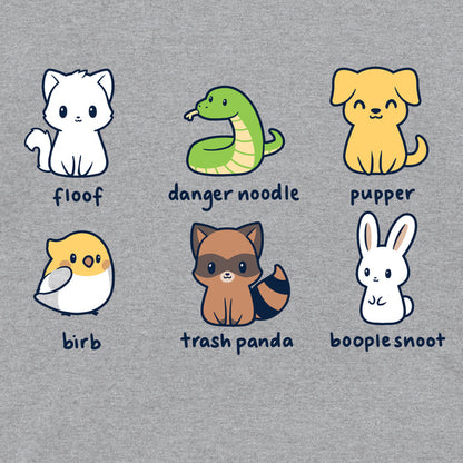 Classic Cotton T-shirt_TeeTurtle heather gray Animal Names featuring an illustrationof six quirky animals labeled with playful names: floof (cat), danger noodle (snake), pupper (dog), birb (bird), trash panda (raccoon), and booplesnoot (rabbit).