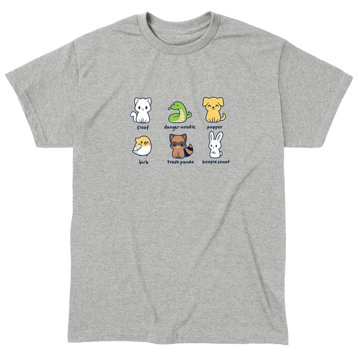 Classic Cotton T-shirt_TeeTurtle heather gray Animal Names featuring an illustrationof six quirky animals labeled with playful names: floof (cat), danger noodle (snake), pupper (dog), birb (bird), trash panda (raccoon), and booplesnoot (rabbit).