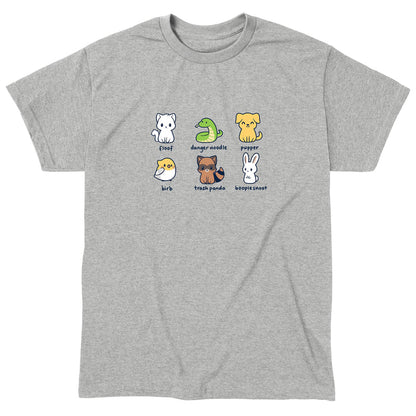 Classic Cotton T-shirt_TeeTurtle heather gray Animal Names featuring an illustrationof six quirky animals labeled with playful names: floof (cat), danger noodle (snake), pupper (dog), birb (bird), trash panda (raccoon), and booplesnoot (rabbit).