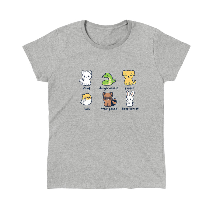 Classic Cotton T-shirt_TeeTurtle heather gray Animal Names featuring an illustrationof six quirky animals labeled with playful names: floof (cat), danger noodle (snake), pupper (dog), birb (bird), trash panda (raccoon), and booplesnoot (rabbit).