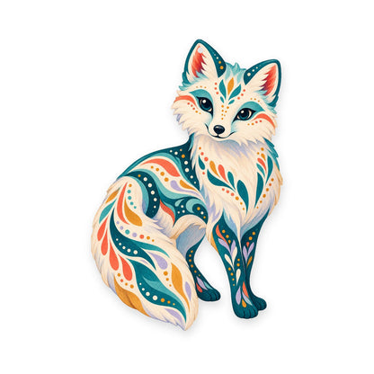 Arctic Fox folk art ornament O255 on white, laser-cut maple wood, made in USA