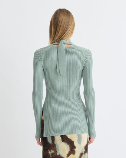 Arella - Fine Merino Rib Long Sleeved Top - Sage