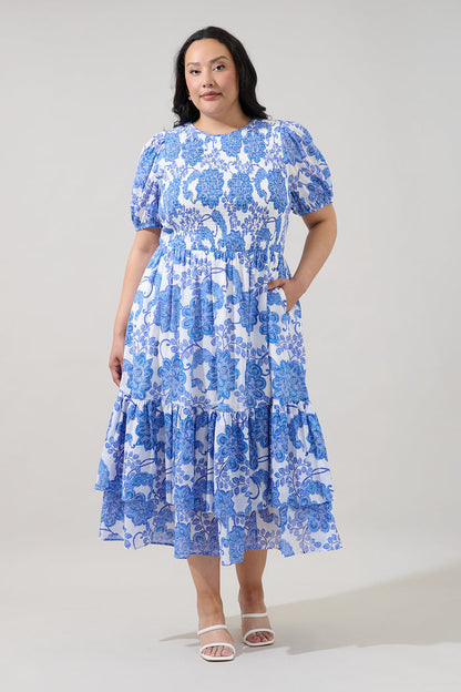 Aruba Smocked Midi Dress Floral Curve