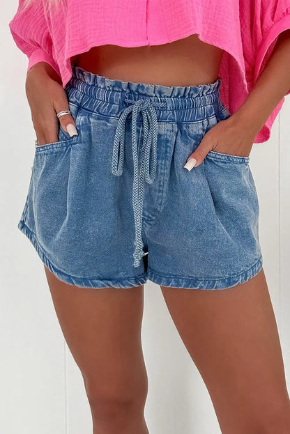 Ashleigh Blue Drawstring High Waist Casual Denim Shorts with Pockets - Bottoms/Denim