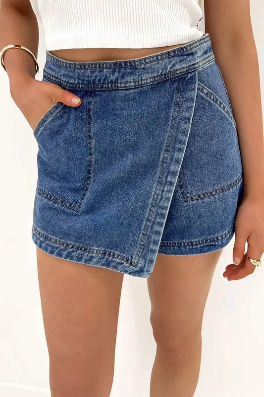 Ashleigh Blue Faux Wrapped Mini Denim Skort - 4 / 72% Cotton + 26% Polyester + 2% Elastane - Skirts/Skort