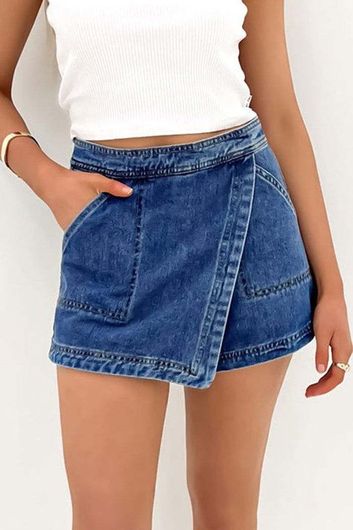 Ashleigh Blue Faux Wrapped Mini Denim Skort - Skirts/Skort
