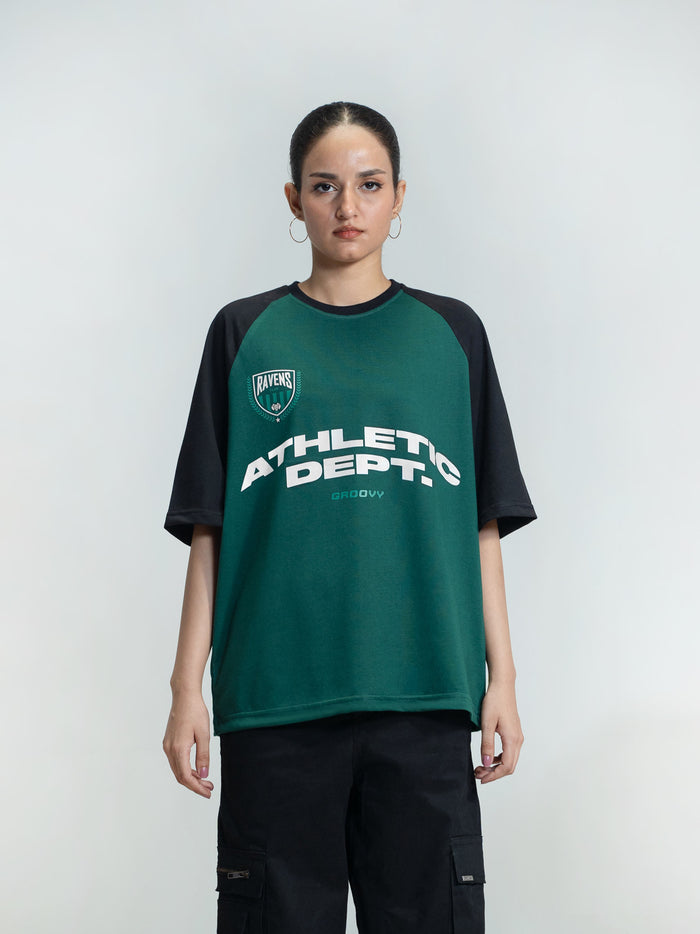 Athletic Department Raglan male model front view deep green black poly cotton Pakistan – GROOVY