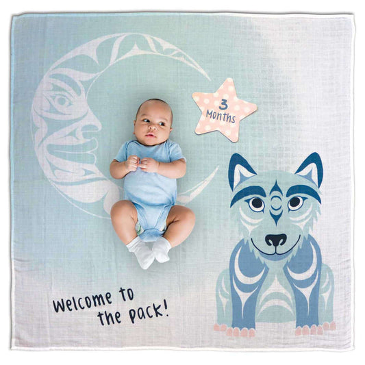 Baby Blanket and Milestone Sets- Wolf with baby on soft muslin blanket featuring wolf design, welcoming milestones.