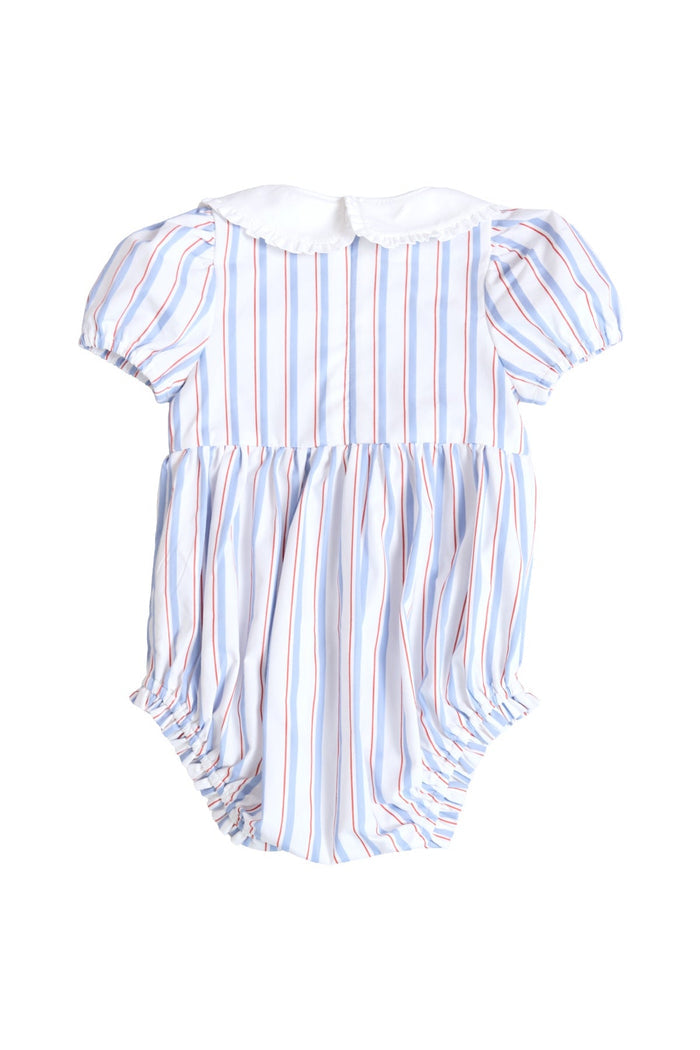 The Ivy City Co Baby Emery Romper in Heritage Stripe features a light blue design with red and white vertical stripes, puffed short sleeves, a classic white Peter Pan collar, and gathered leg openings—ideal for Fourth of July celebrations or charming Mom and Me matching outfits. Shown on a white background.