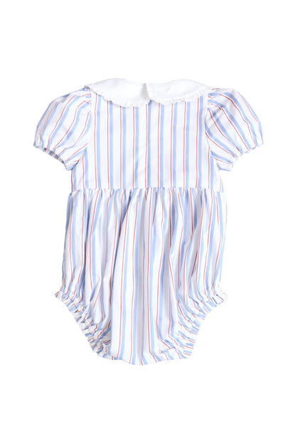The Ivy City Co Baby Emery Romper in Heritage Stripe features a light blue design with red and white vertical stripes, puffed short sleeves, a classic white Peter Pan collar, and gathered leg openings—ideal for Fourth of July celebrations or charming Mom and Me matching outfits. Shown on a white background.