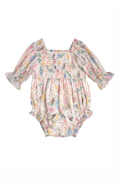 The Ivy City Co Baby Madeline Romper in Cordelia Floral has long, ruffled sleeves and a smocked bodice with pastel floral details—ideal for an adorable mommy-and-me outfit.