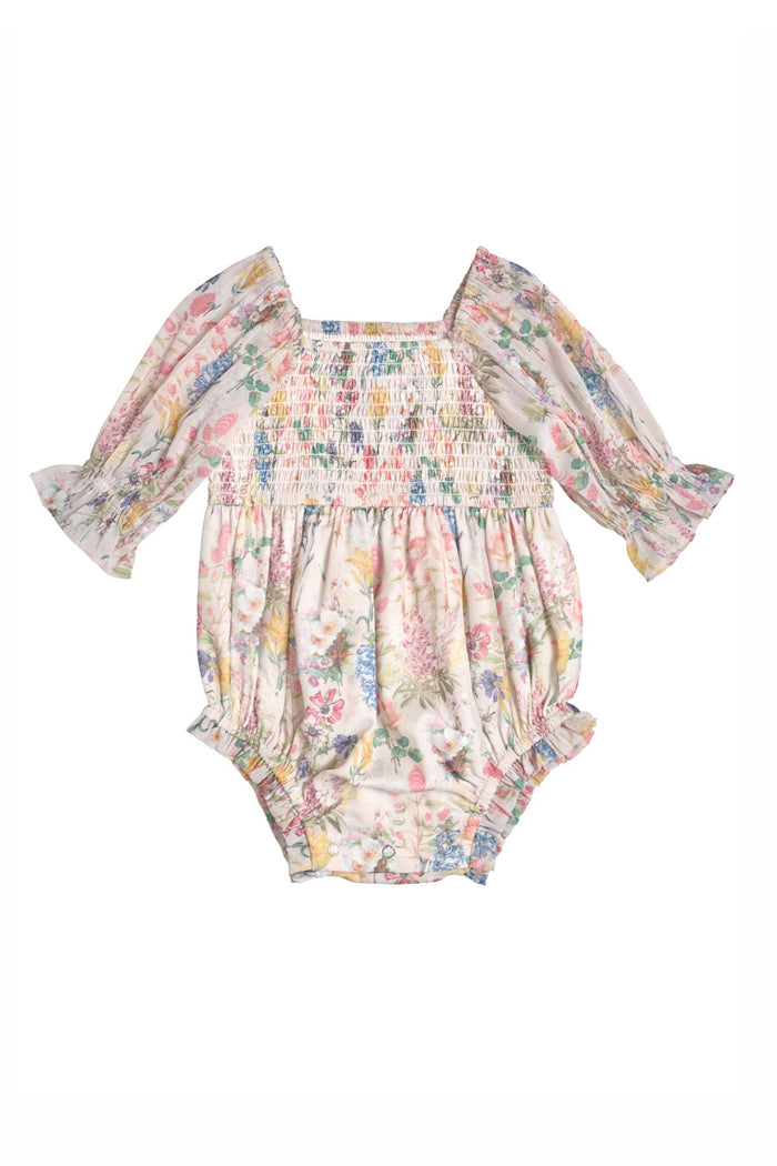 The Ivy City Co Baby Madeline Romper in Cordelia Floral showcases a charming pastel floral print, ruffled cuffs, and elastic at the chest, sleeves, and leg openings—an adorable choice for matching mommy-and-me moments.